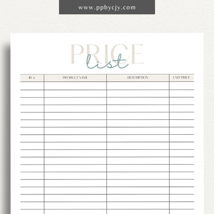 Price List Printable Template– Digital download for detailing and organizing product or service prices and descriptions