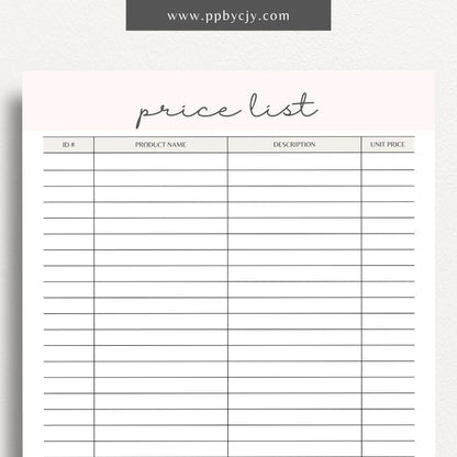 Price List Printable Template– Digital download for detailing and organizing product or service prices and descriptions