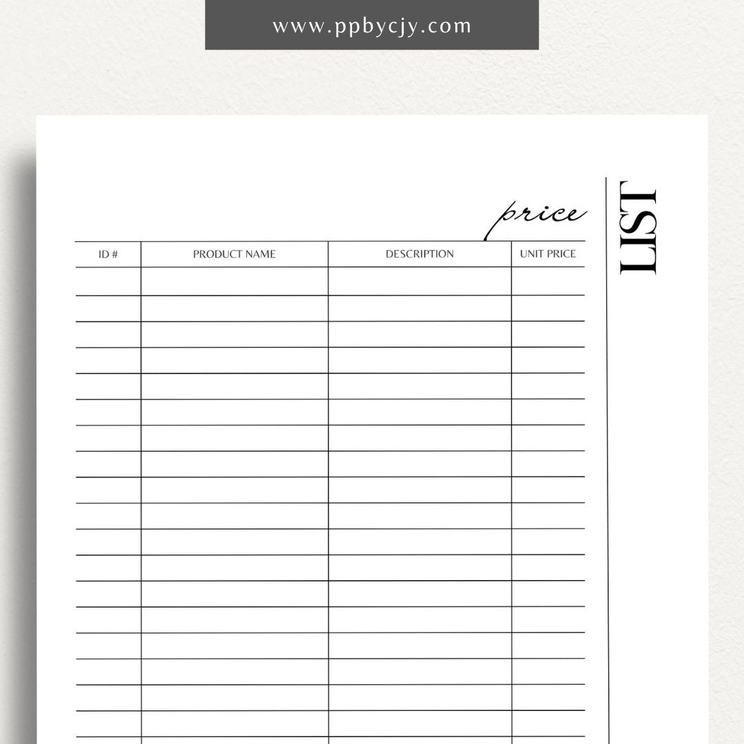 Price List Printable Template– Digital download for detailing and organizing product or service prices and descriptions