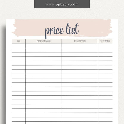 Price List Printable Template– Digital download for detailing and organizing product or service prices and descriptions