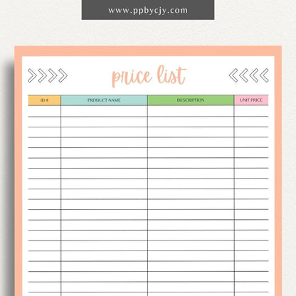 Price List Printable Template– Digital download for detailing and organizing product or service prices and descriptions