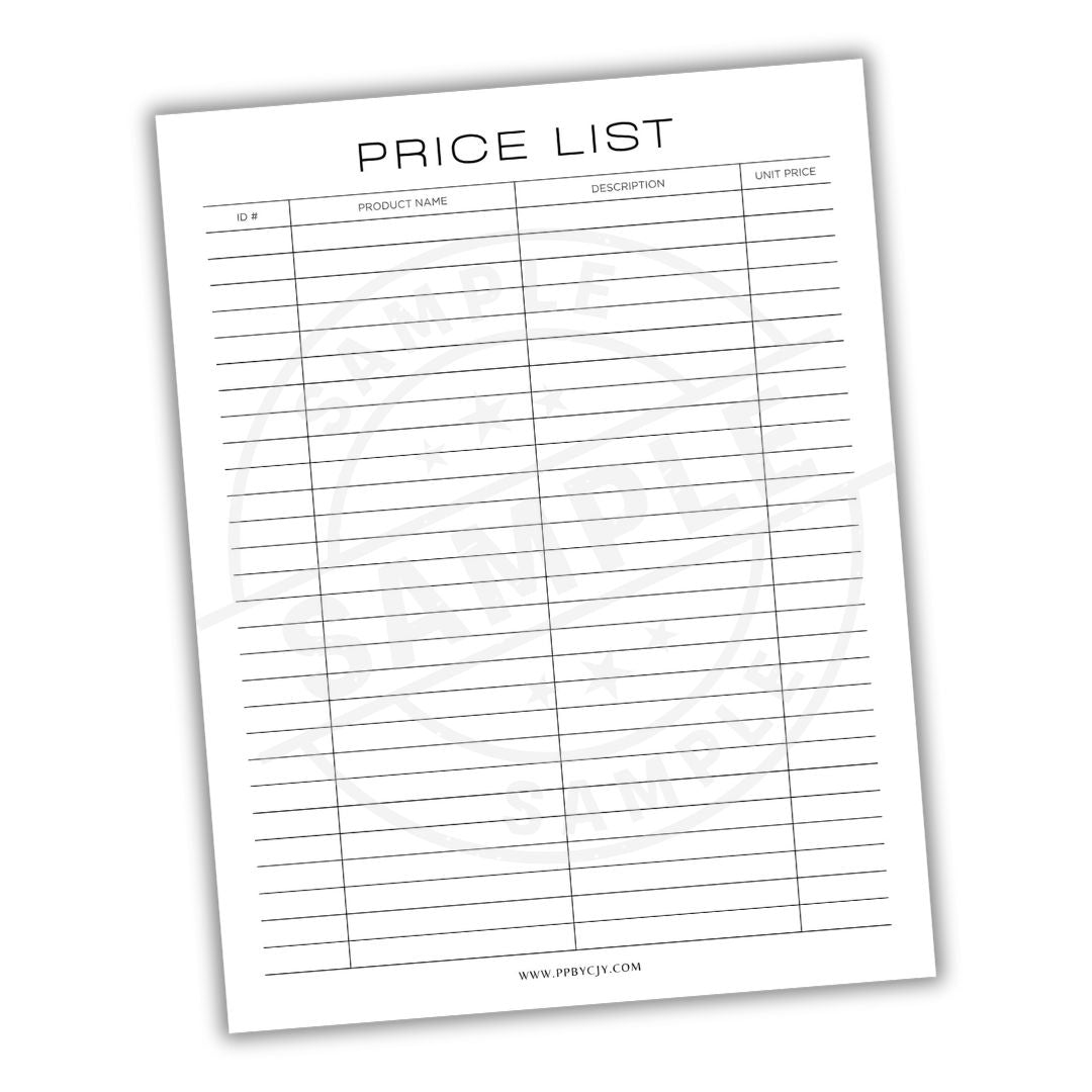 Price list template with columns for product name, description, and unit price on a white background.