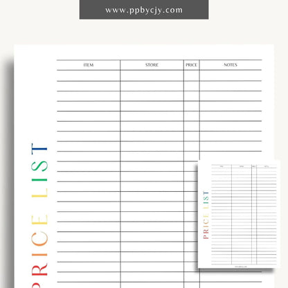 Price List Printable Template– Digital download for detailing and organizing product or service prices and descriptions