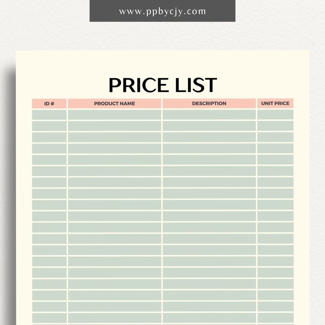 Price List Printable Template– Digital download for detailing and organizing product or service prices and descriptions