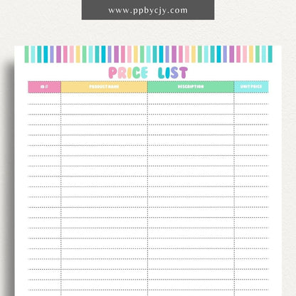 Price List Printable Template– Digital download for detailing and organizing product or service prices and descriptions