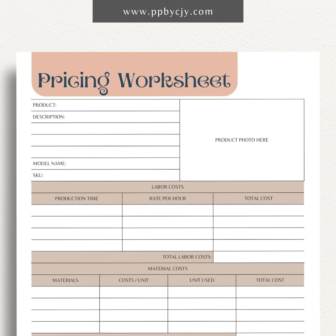 Pricing Worksheet Printable Template – Digital download for calculating and managing product or service pricing and cost analysis