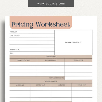 Pricing Worksheet Printable Template – Digital download for calculating and managing product or service pricing and cost analysis