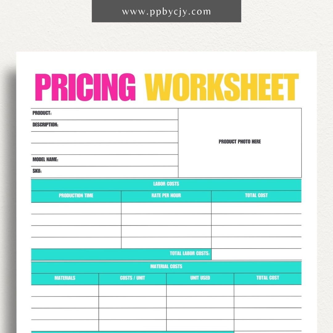 Pricing Worksheet Printable Template – Digital download for calculating and managing product or service pricing and cost analysis