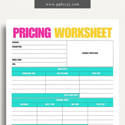 Pricing Worksheet Printable Template – Digital download for calculating and managing product or service pricing and cost analysis