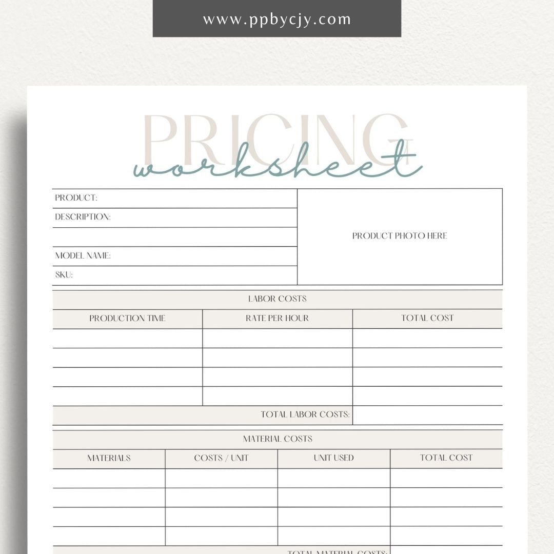 Pricing Worksheet Printable Template – Digital download for calculating and managing product or service pricing and cost analysis