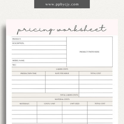 Pricing Worksheet Printable Template – Digital download for calculating and managing product or service pricing and cost analysis