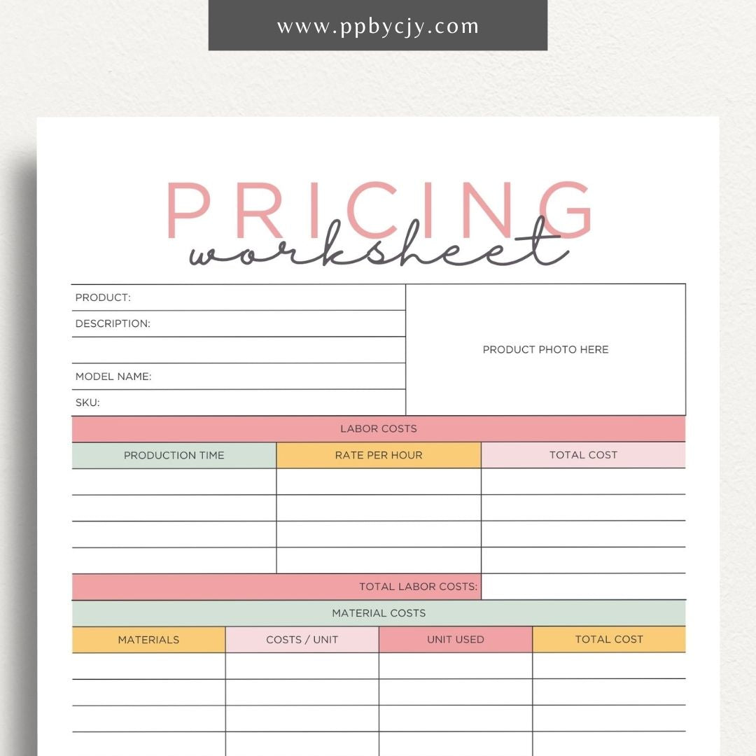 Pricing Worksheet Printable Template – Digital download for calculating and managing product or service pricing and cost analysis