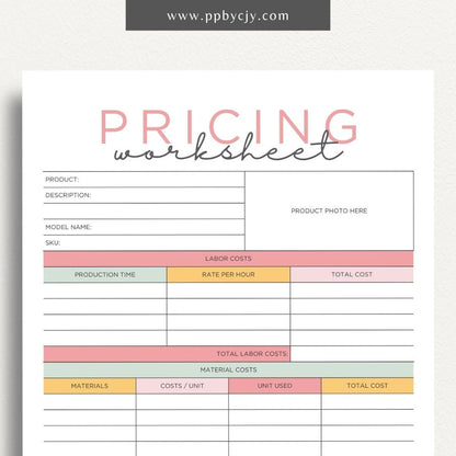 Pricing Worksheet Printable Template – Digital download for calculating and managing product or service pricing and cost analysis