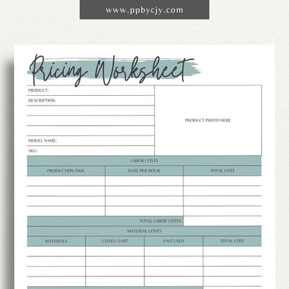 Pricing Worksheet Printable Template – Digital download for calculating and managing product or service pricing and cost analysis