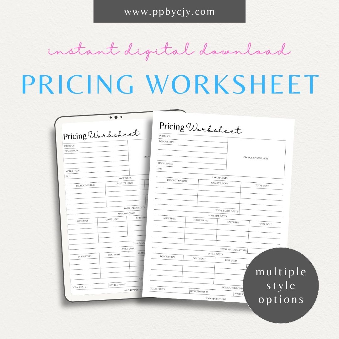 Pricing Worksheet Printable Template – Digital download for calculating and managing product or service pricing and cost analysis