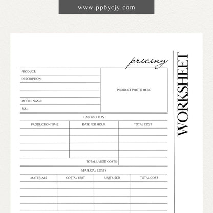 Pricing Worksheet Printable Template – Digital download for calculating and managing product or service pricing and cost analysis