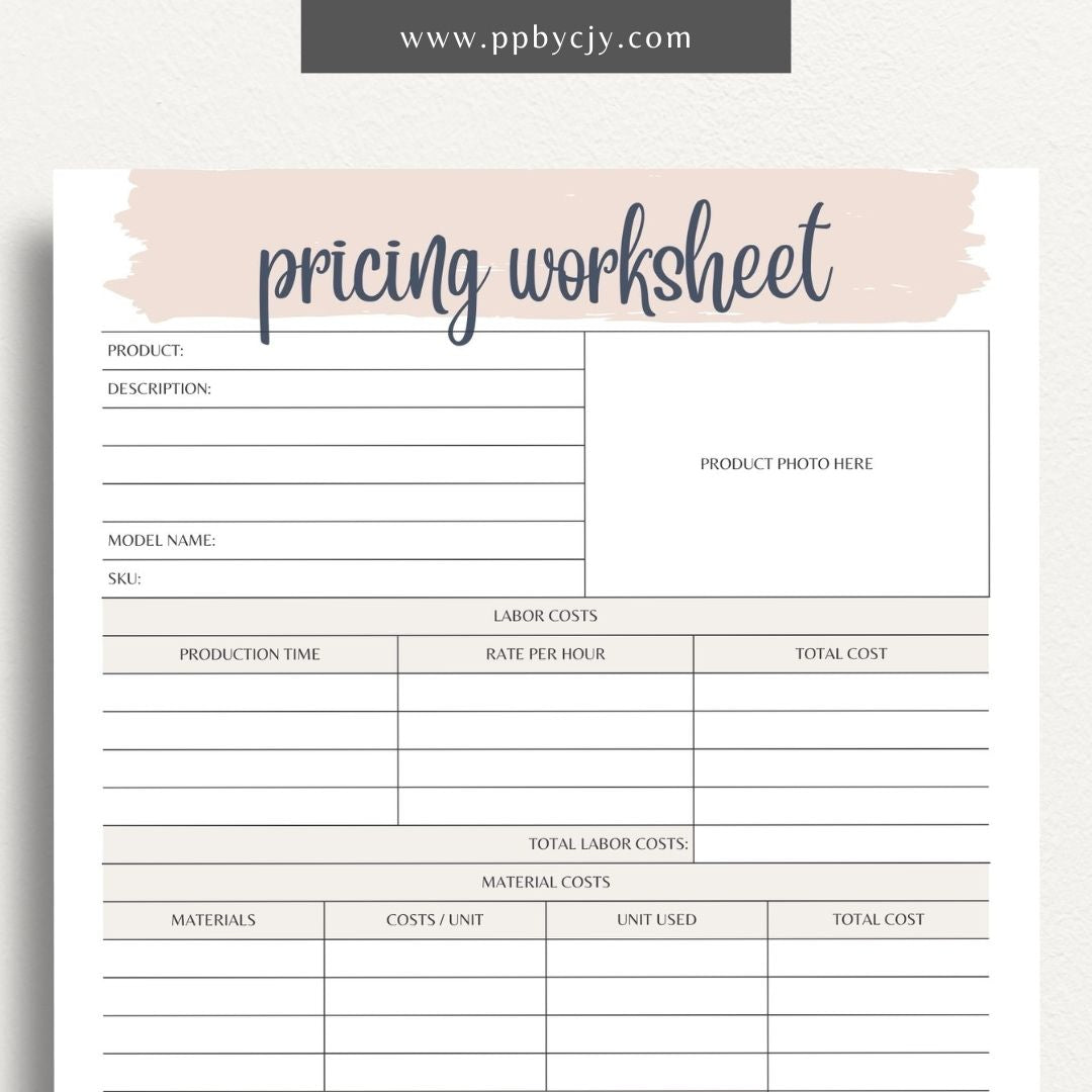 Pricing Worksheet Printable Template – Digital download for calculating and managing product or service pricing and cost analysis