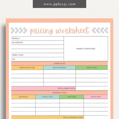 Pricing Worksheet Printable Template – Digital download for calculating and managing product or service pricing and cost analysis