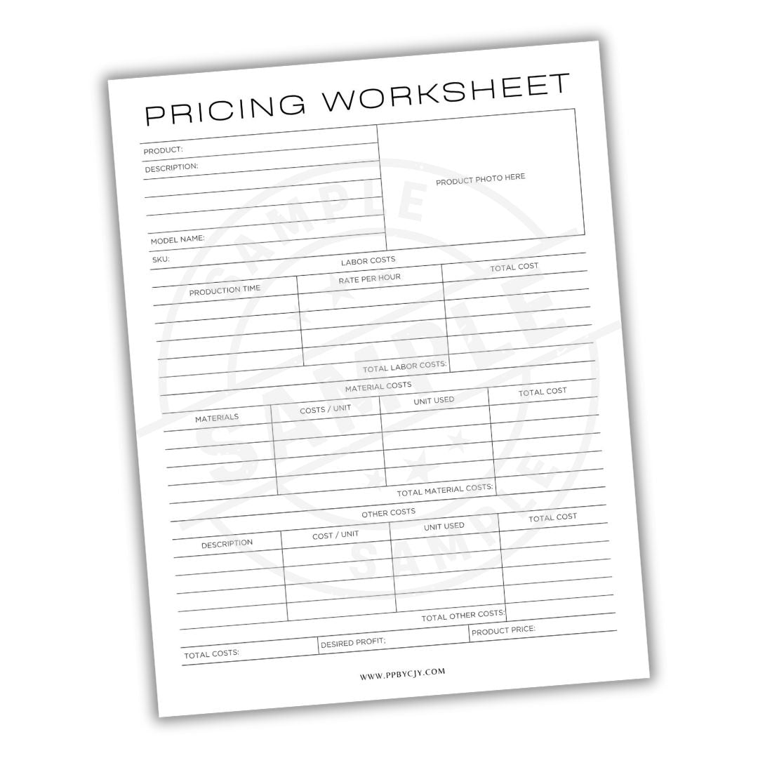 Pricing worksheet with product details and cost breakdown on a white background