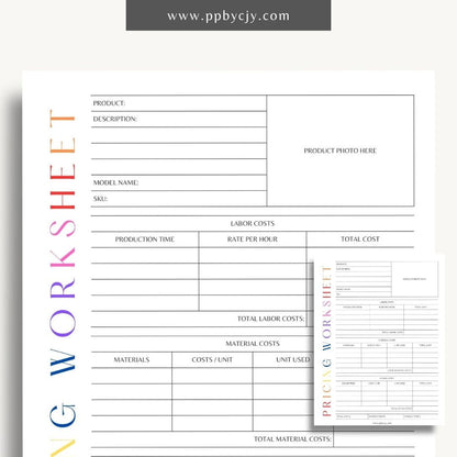 Pricing Worksheet Printable Template – Digital download for calculating and managing product or service pricing and cost analysis