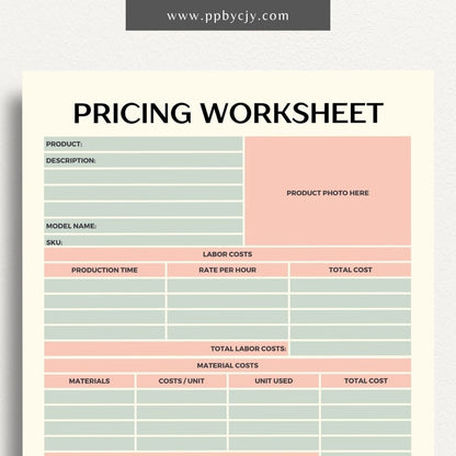 Pricing Worksheet Printable Template – Digital download for calculating and managing product or service pricing and cost analysis