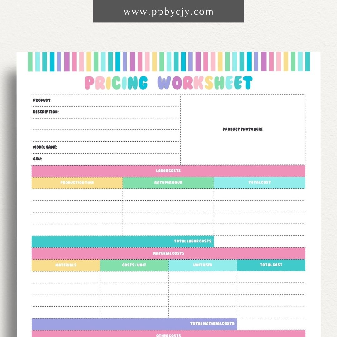 Pricing Worksheet Printable Template – Digital download for calculating and managing product or service pricing and cost analysis