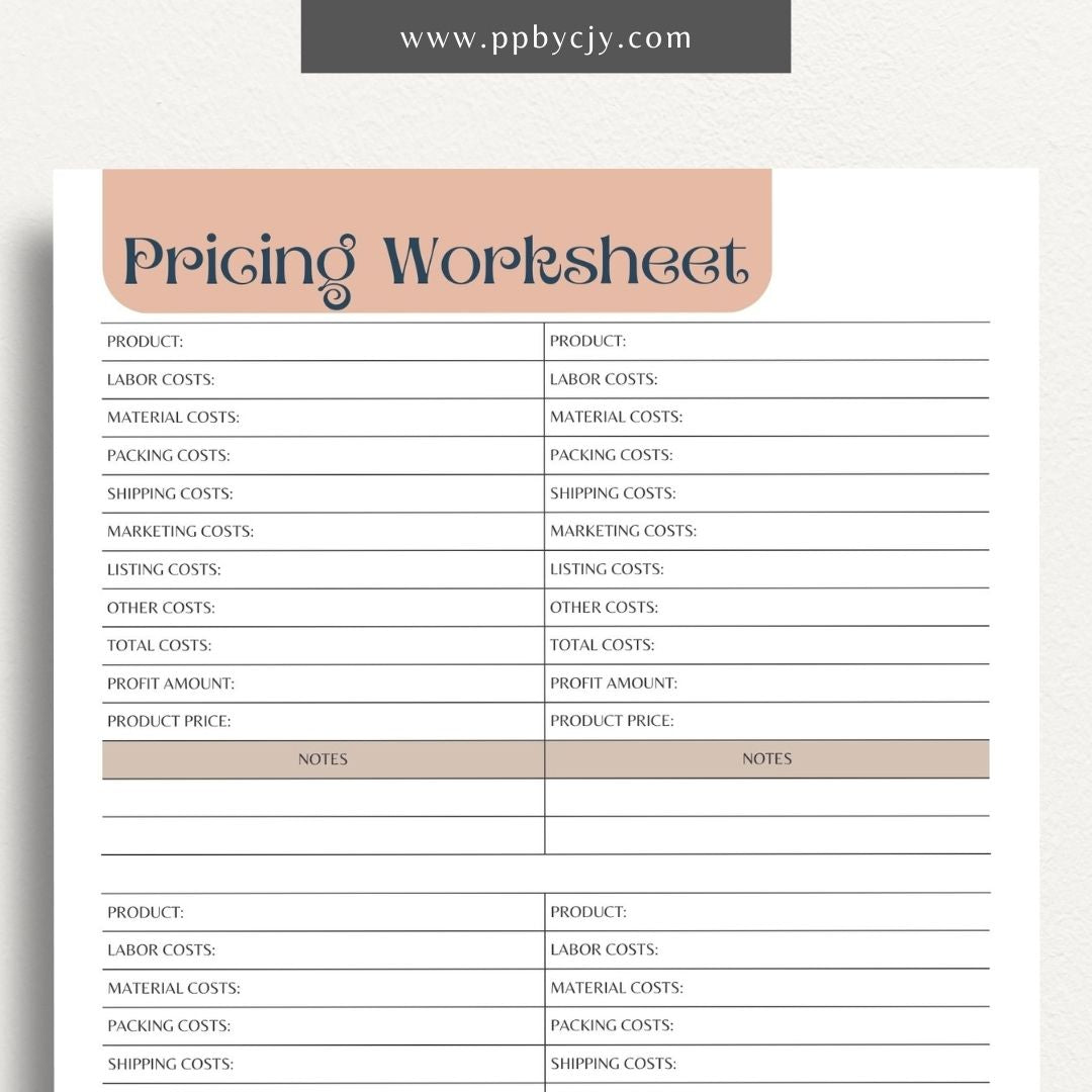 Product Pricing Worksheet Printable Template– Digital download for calculating and organizing product prices, costs, and profit margins