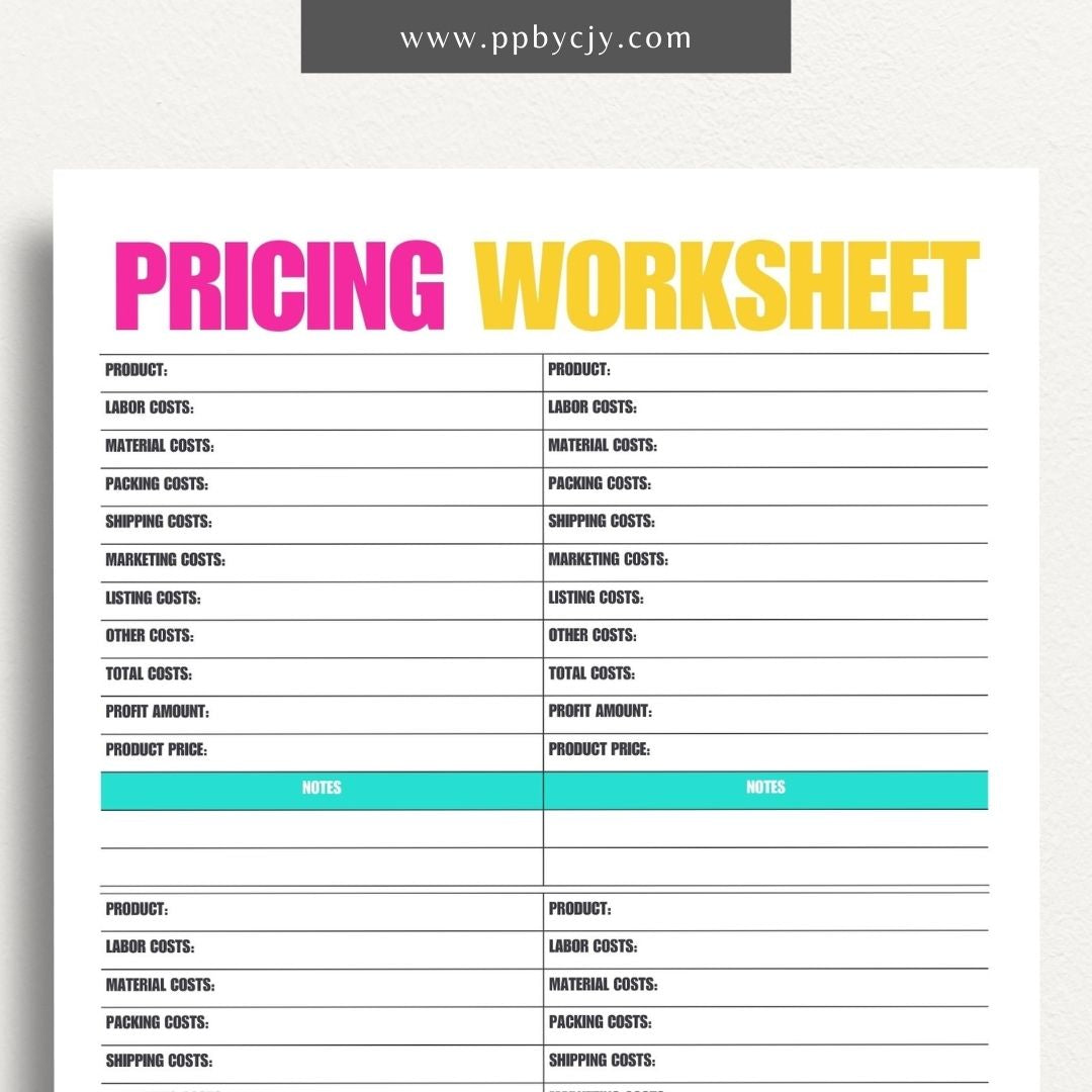 Product Pricing Worksheet Printable Template– Digital download for calculating and organizing product prices, costs, and profit margins