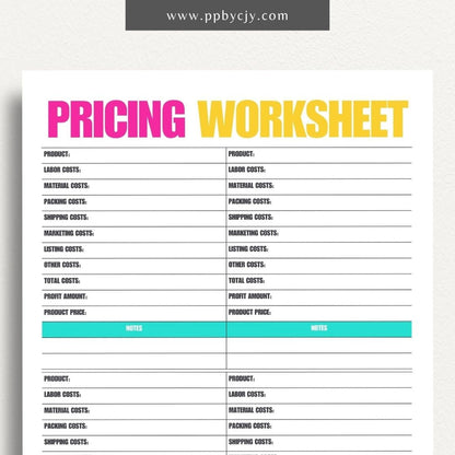 Product Pricing Worksheet Printable Template– Digital download for calculating and organizing product prices, costs, and profit margins