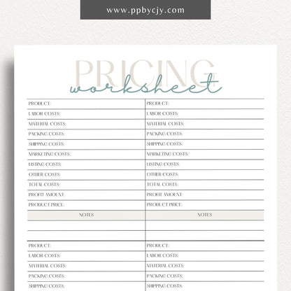 Product Pricing Worksheet Printable Template– Digital download for calculating and organizing product prices, costs, and profit margins