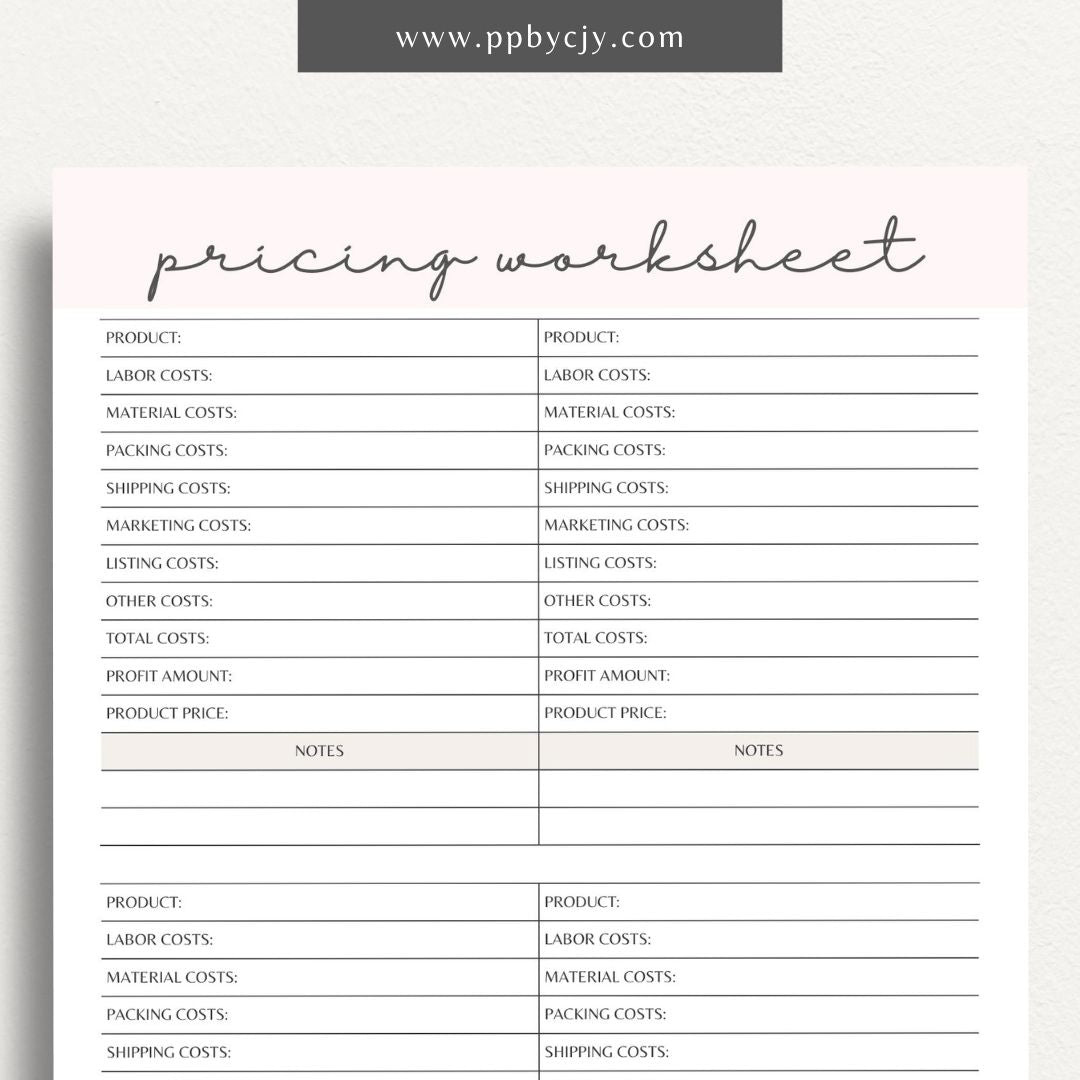 Product Pricing Worksheet Printable Template– Digital download for calculating and organizing product prices, costs, and profit margins