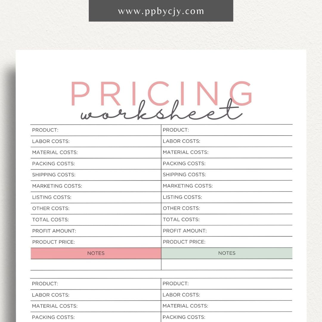 Product Pricing Worksheet Printable Template– Digital download for calculating and organizing product prices, costs, and profit margins