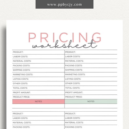 Product Pricing Worksheet Printable Template– Digital download for calculating and organizing product prices, costs, and profit margins