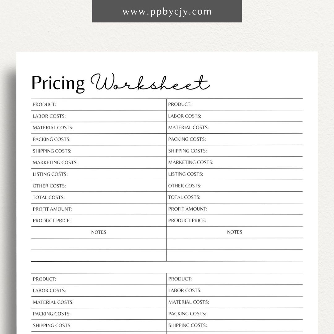 Product Pricing Worksheet Printable Template– Digital download for calculating and organizing product prices, costs, and profit margins