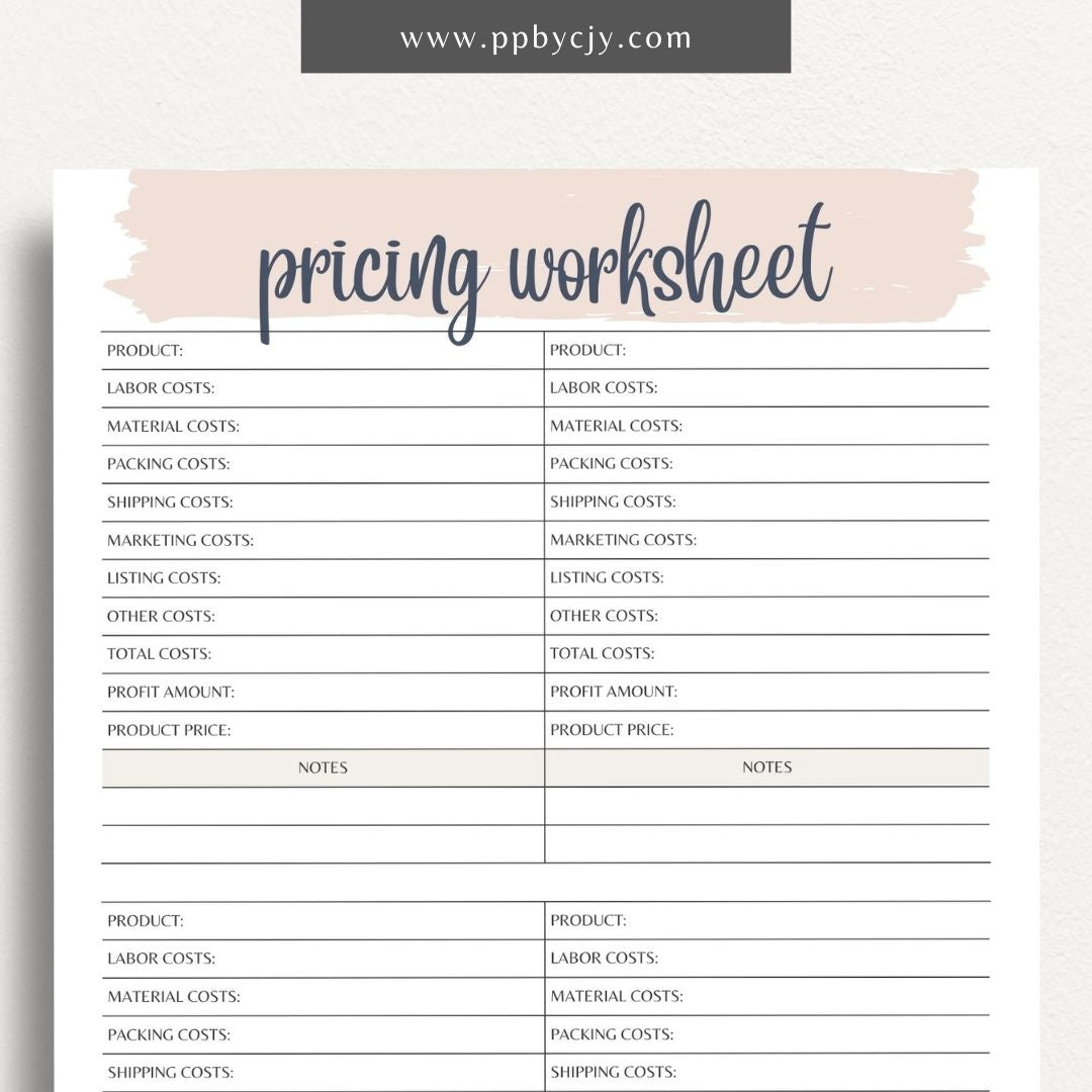 Product Pricing Worksheet Printable Template– Digital download for calculating and organizing product prices, costs, and profit margins