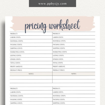 Product Pricing Worksheet Printable Template– Digital download for calculating and organizing product prices, costs, and profit margins