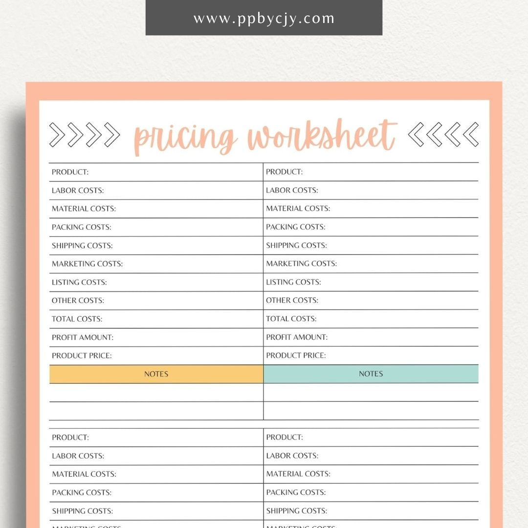 Product Pricing Worksheet Printable Template– Digital download for calculating and organizing product prices, costs, and profit margins