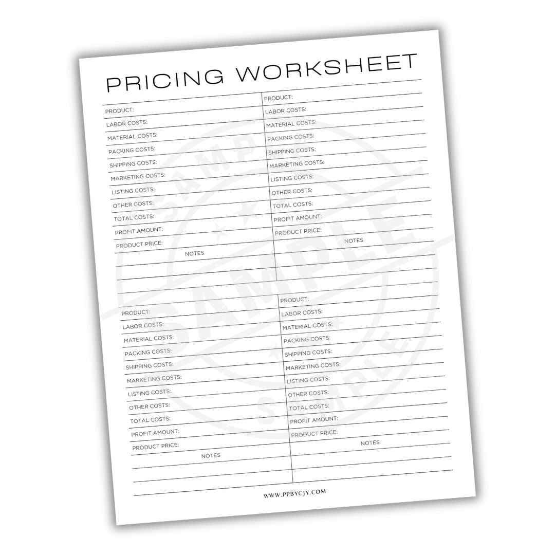 Pricing worksheet with columns for product costs and pricing details on a white background
