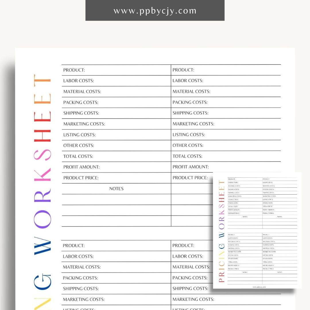 Product Pricing Worksheet Printable Template– Digital download for calculating and organizing product prices, costs, and profit margins