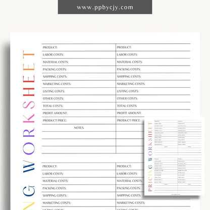 Product Pricing Worksheet Printable Template– Digital download for calculating and organizing product prices, costs, and profit margins