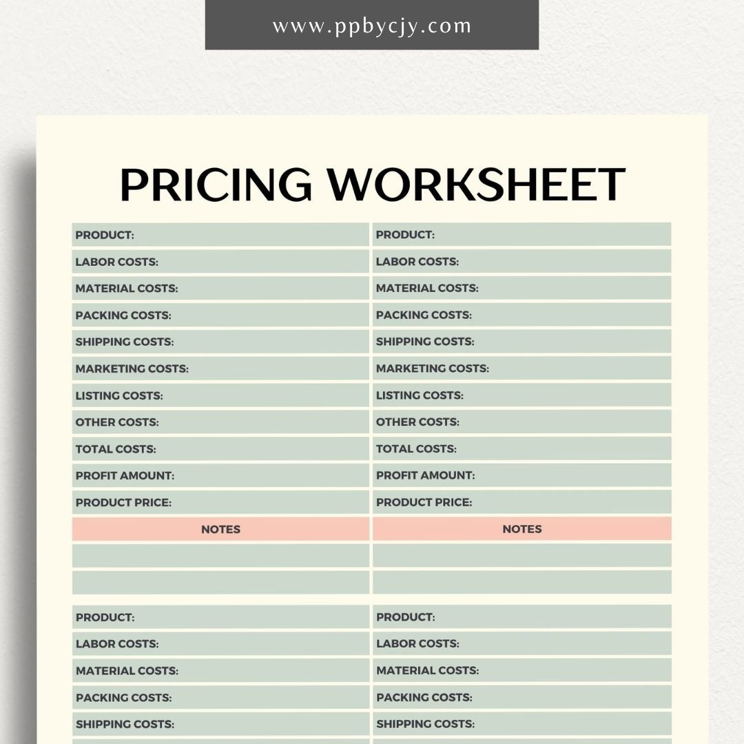 Product Pricing Worksheet Printable Template– Digital download for calculating and organizing product prices, costs, and profit margins