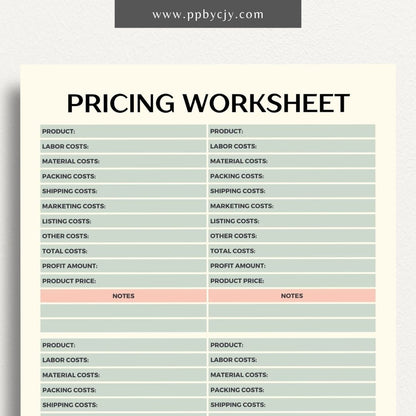 Product Pricing Worksheet Printable Template– Digital download for calculating and organizing product prices, costs, and profit margins