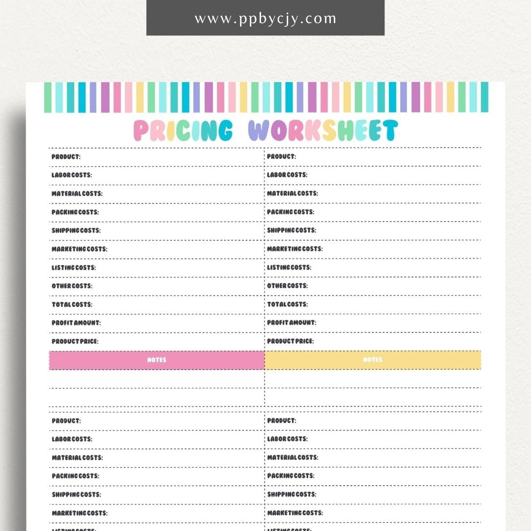 Product Pricing Worksheet Printable Template– Digital download for calculating and organizing product prices, costs, and profit margins