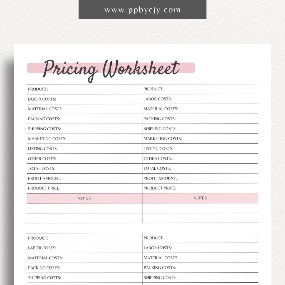 Product Pricing Worksheet Printable PDF Template