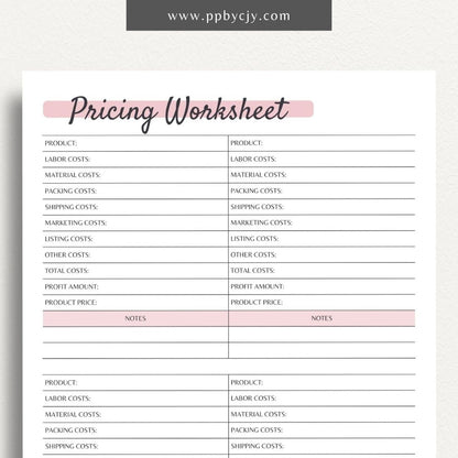 Product Pricing Worksheet Printable PDF Template