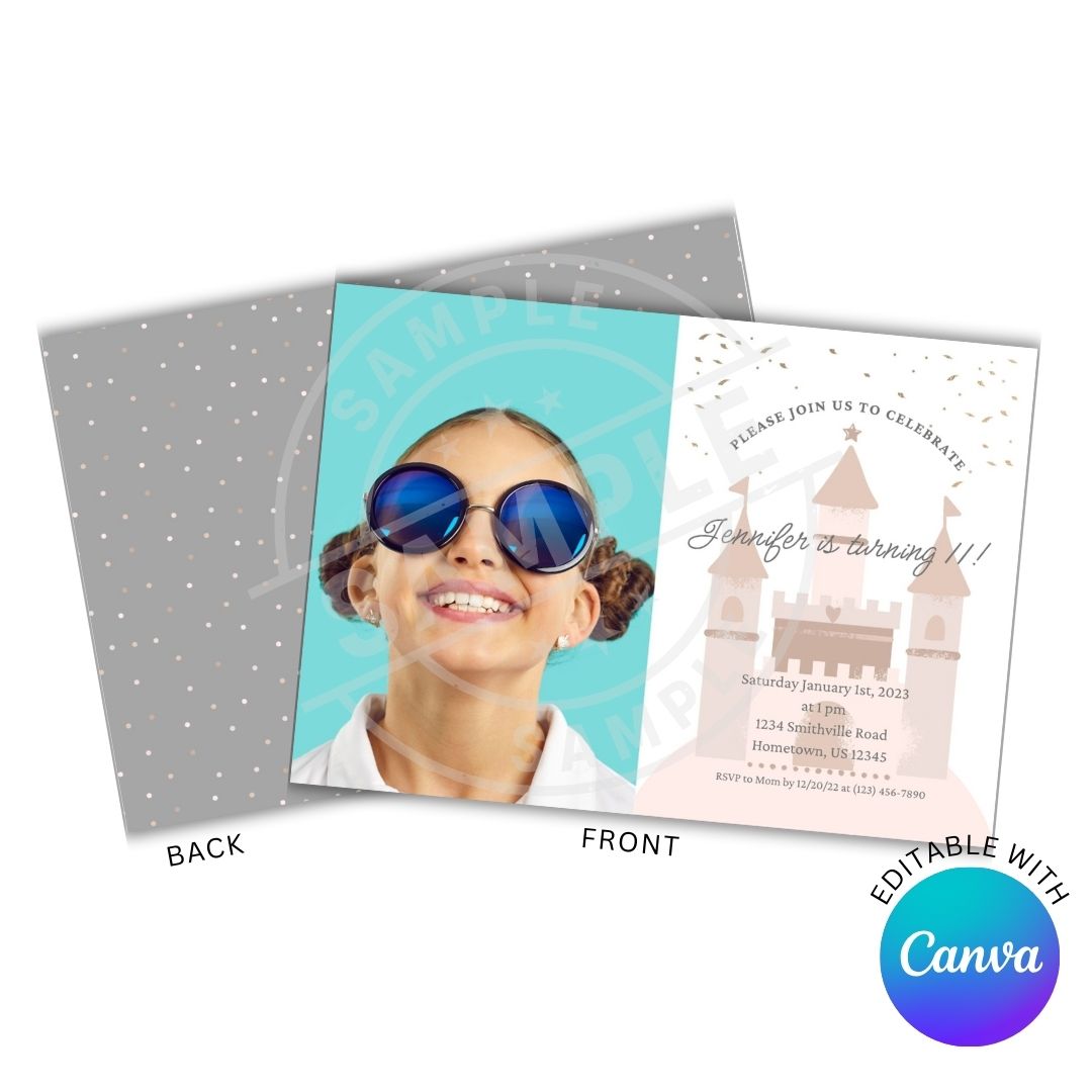 Invitation card with a child wearing sunglasses on the front, and a castle design on the back, with Canva branding.