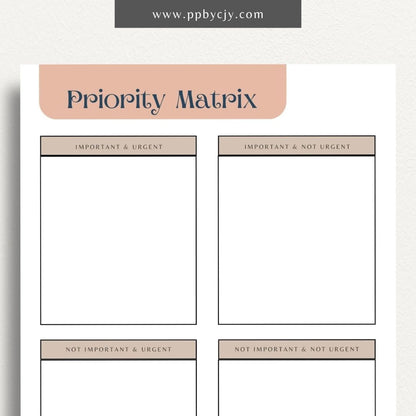 Priority Matrix Printable Template – Digital Download for Organizing and Prioritizing Tasks with a grid layout for categorizing by urgency and importance.