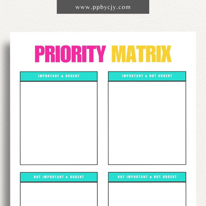 Priority Matrix Printable Template – Digital Download for Organizing and Prioritizing Tasks with a grid layout for categorizing by urgency and importance.