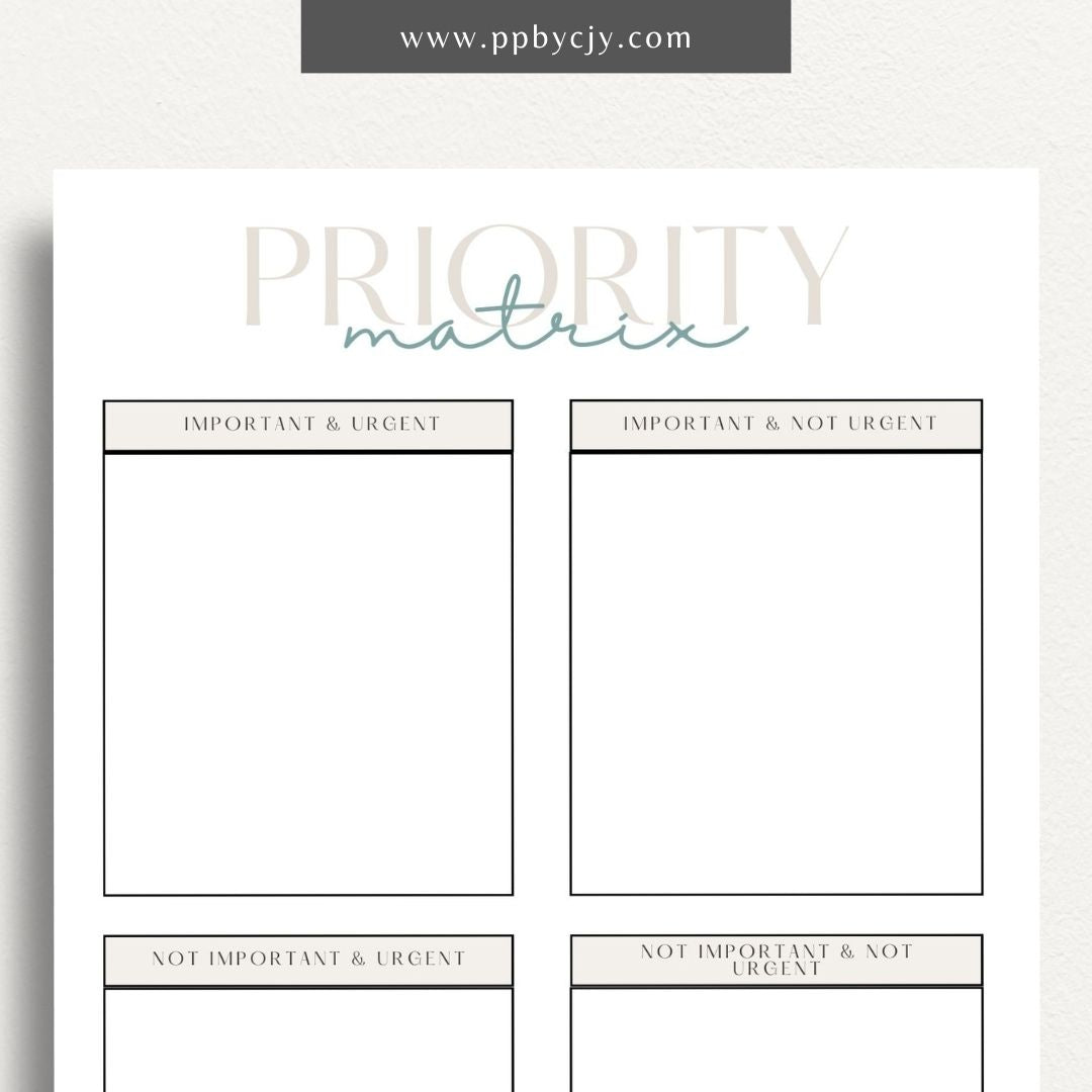 Priority Matrix Printable Template – Digital Download for Organizing and Prioritizing Tasks with a grid layout for categorizing by urgency and importance.