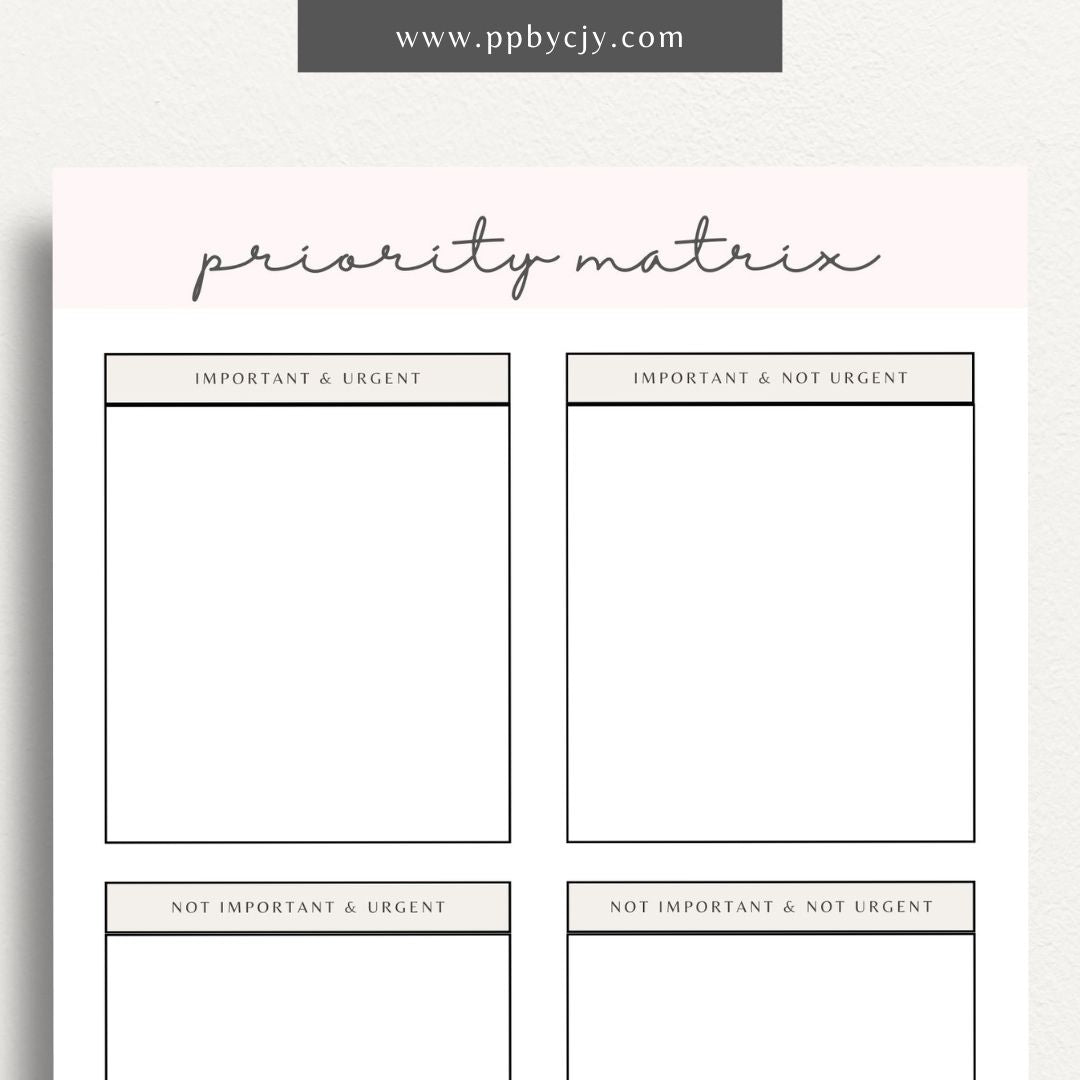 Priority Matrix Printable Template – Digital Download for Organizing and Prioritizing Tasks with a grid layout for categorizing by urgency and importance.